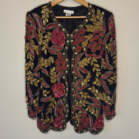 Vtg 80s Beaded Silk Evening Jacket Size Medium Floral - Picture 1 of 10